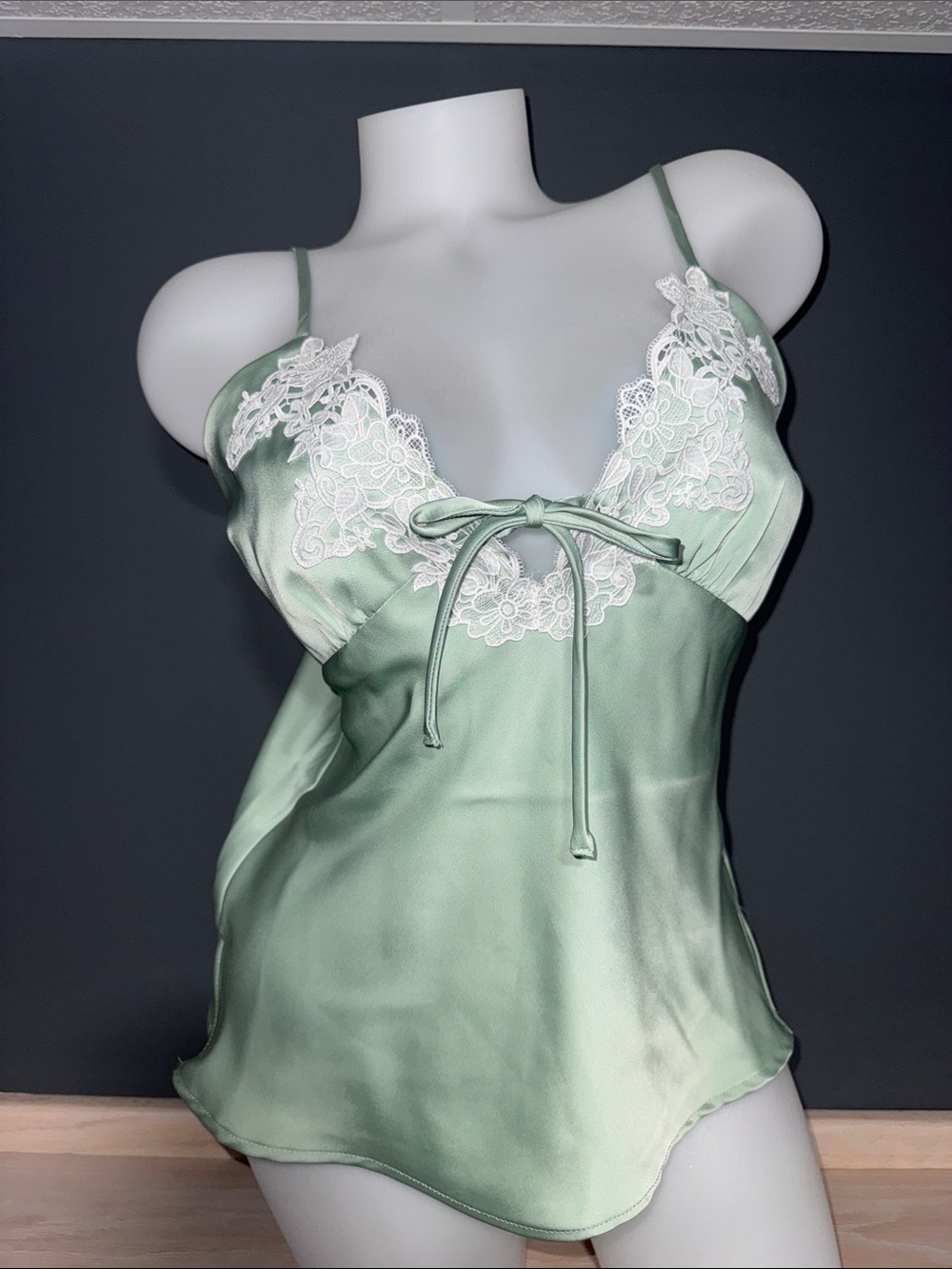 Monteau Los Angeles Sage Green Satin Lace Cami Top
